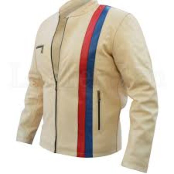Men Off-White Cream Blue Red Stripes Motorcycle Genuine Leather Jacket Men Off-W - Picture 1 of 3